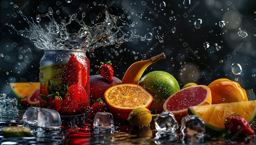 Lata de bebida com uma explosão de frutas e água ao fundo