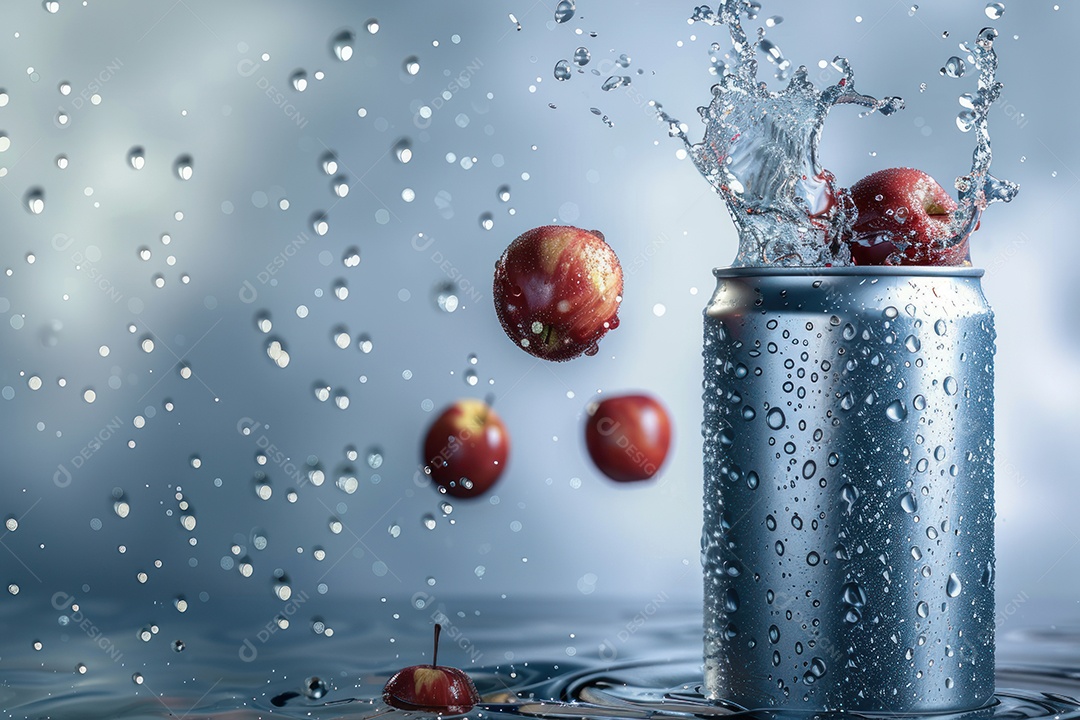 Lata de bebida com uma explosão de frutas e água ao fundo