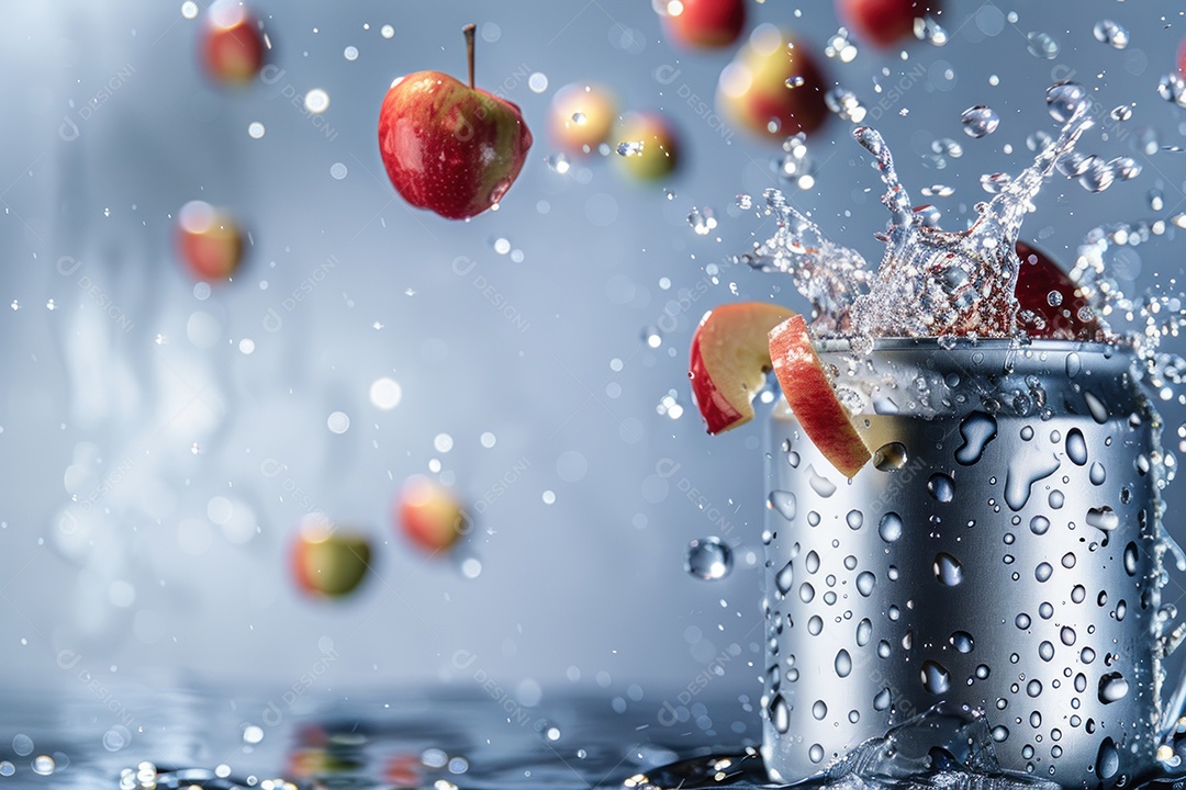 Lata de bebida com uma explosão de frutas e água ao fundo