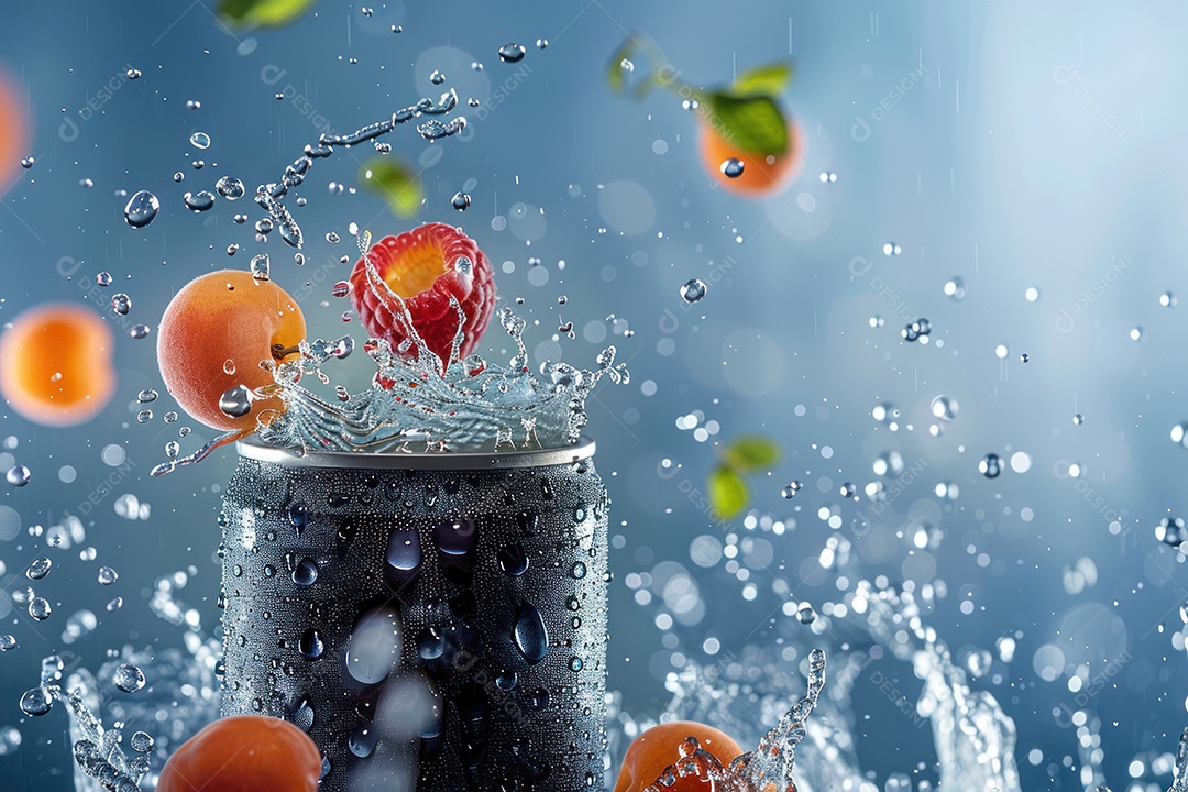 Lata de bebida com uma explosão de frutas e água ao fundo