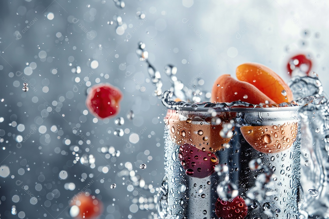 Lata de bebida com uma explosão de frutas e água ao fundo