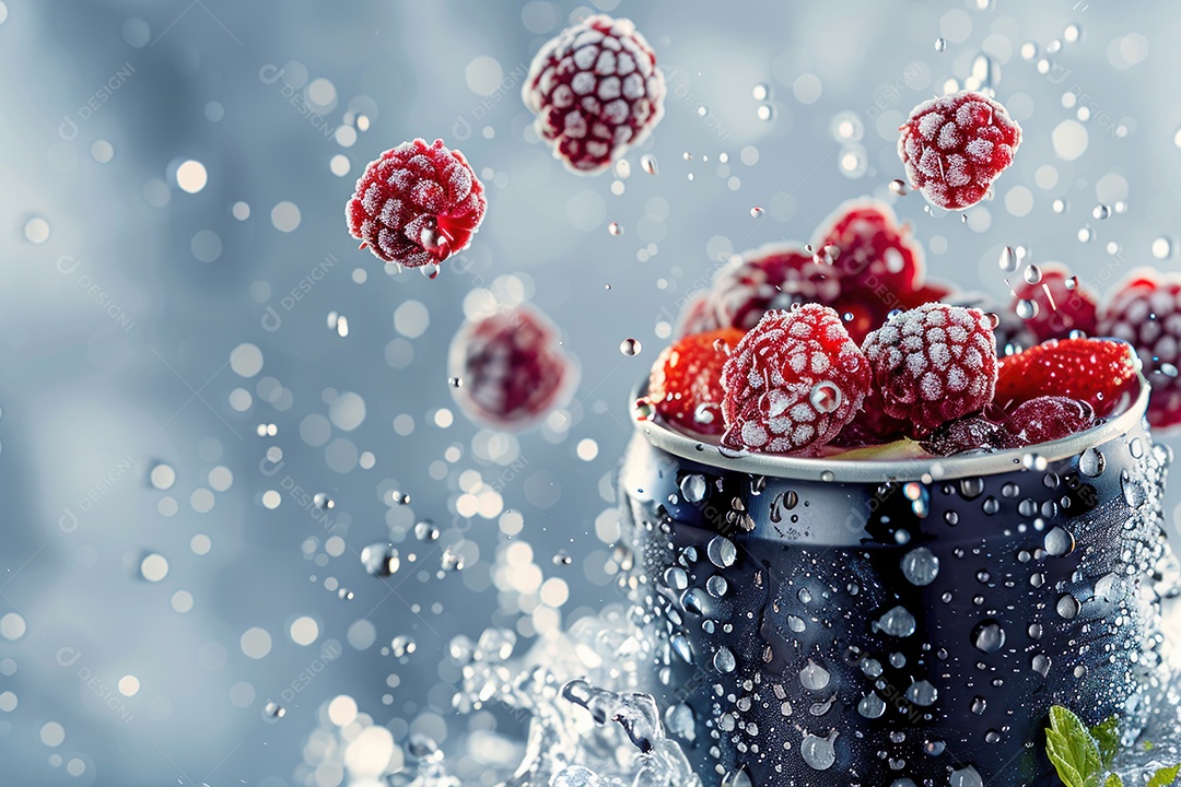 Lata de bebida com uma explosão de frutas e água ao fundo