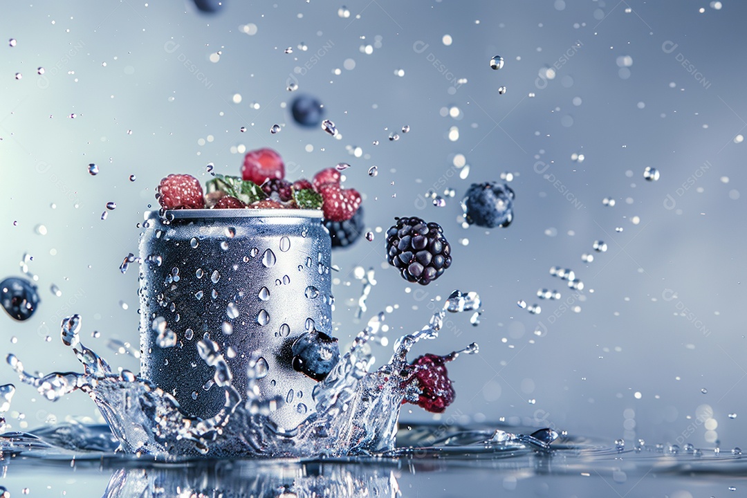 Lata de bebida com uma explosão de frutas e água ao fundo