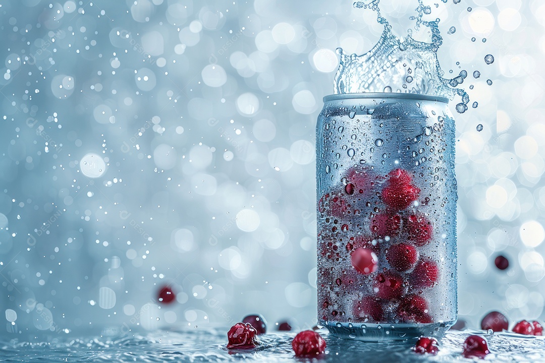 Lata de bebida com uma explosão de frutas e água ao fundo