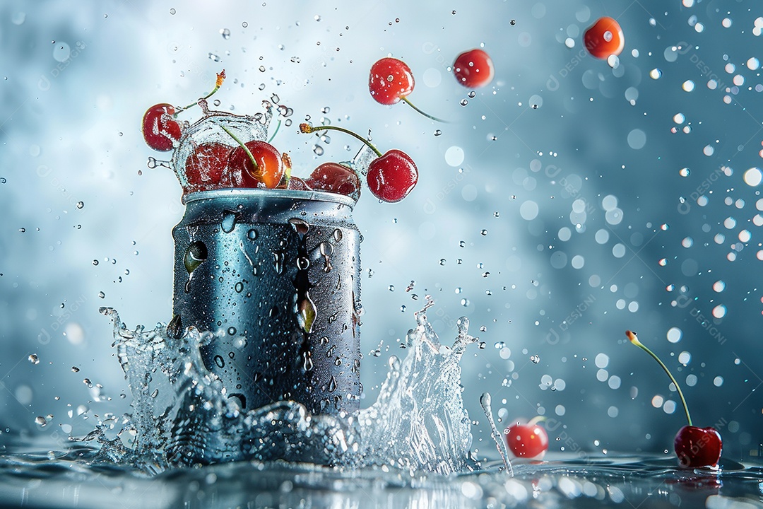 Lata de bebida com uma explosão de frutas e água ao fundo