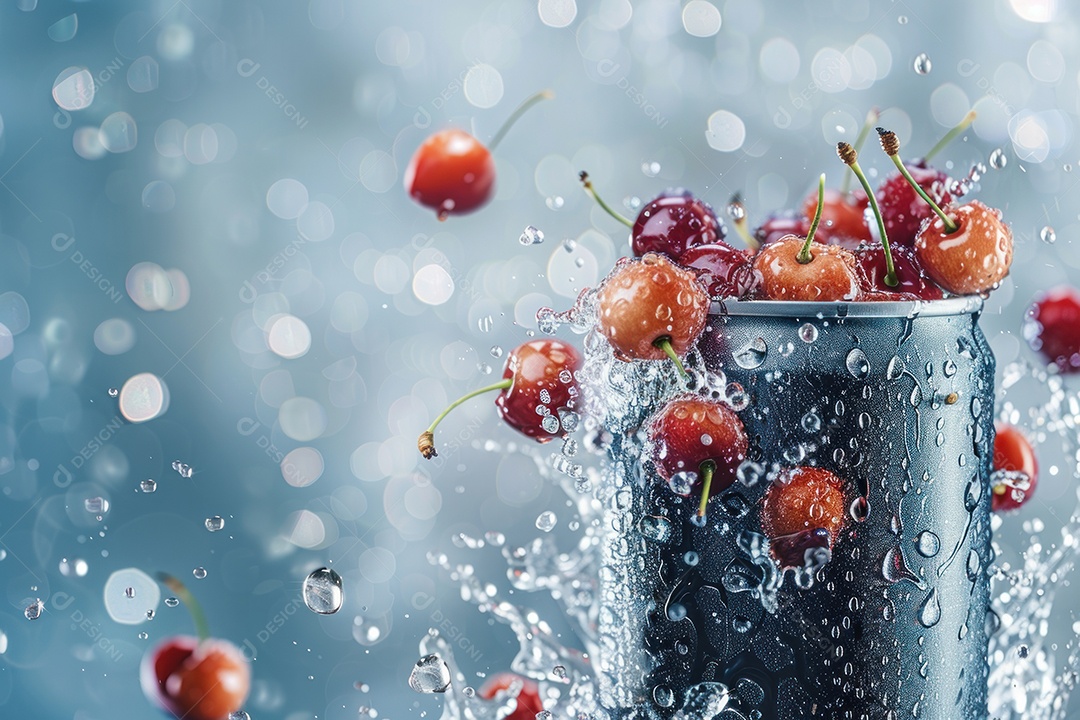 Lata de bebida com uma explosão de frutas e água ao fundo