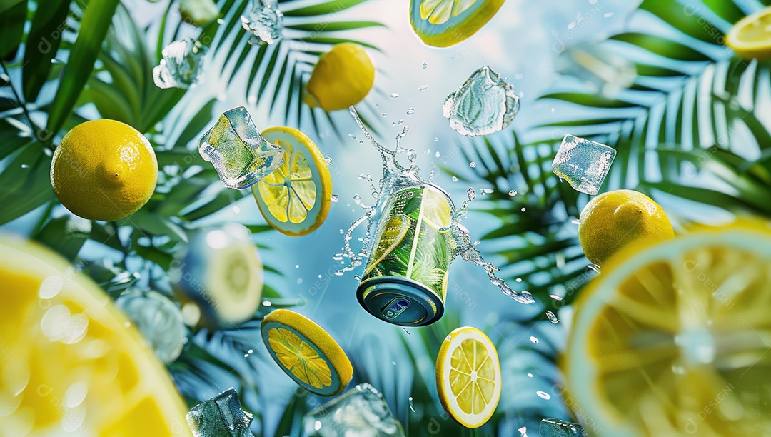 Lata de bebida com uma explosão de frutas e água ao fundo