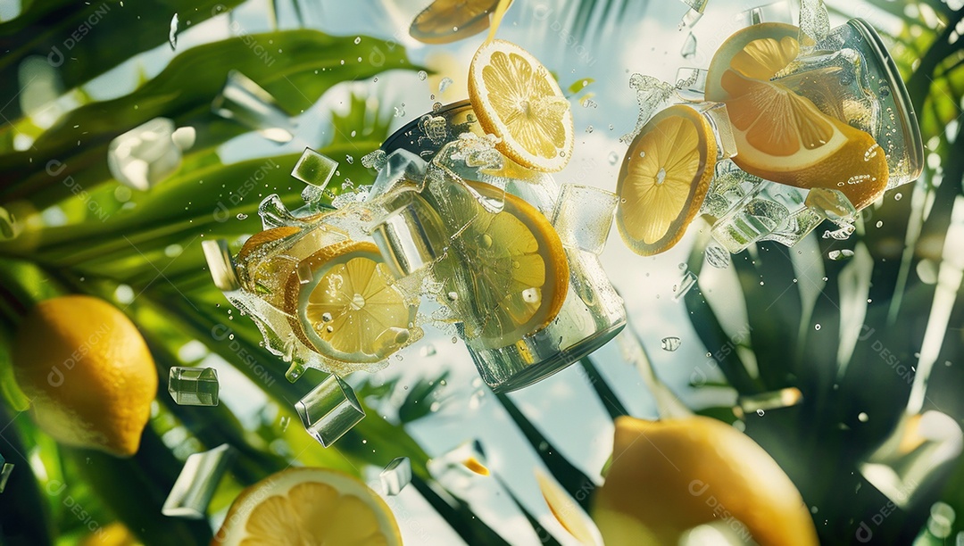 Lata de bebida com uma explosão de frutas e água ao fundo