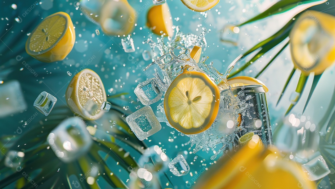 Lata de bebida com uma explosão de frutas e água ao fundo