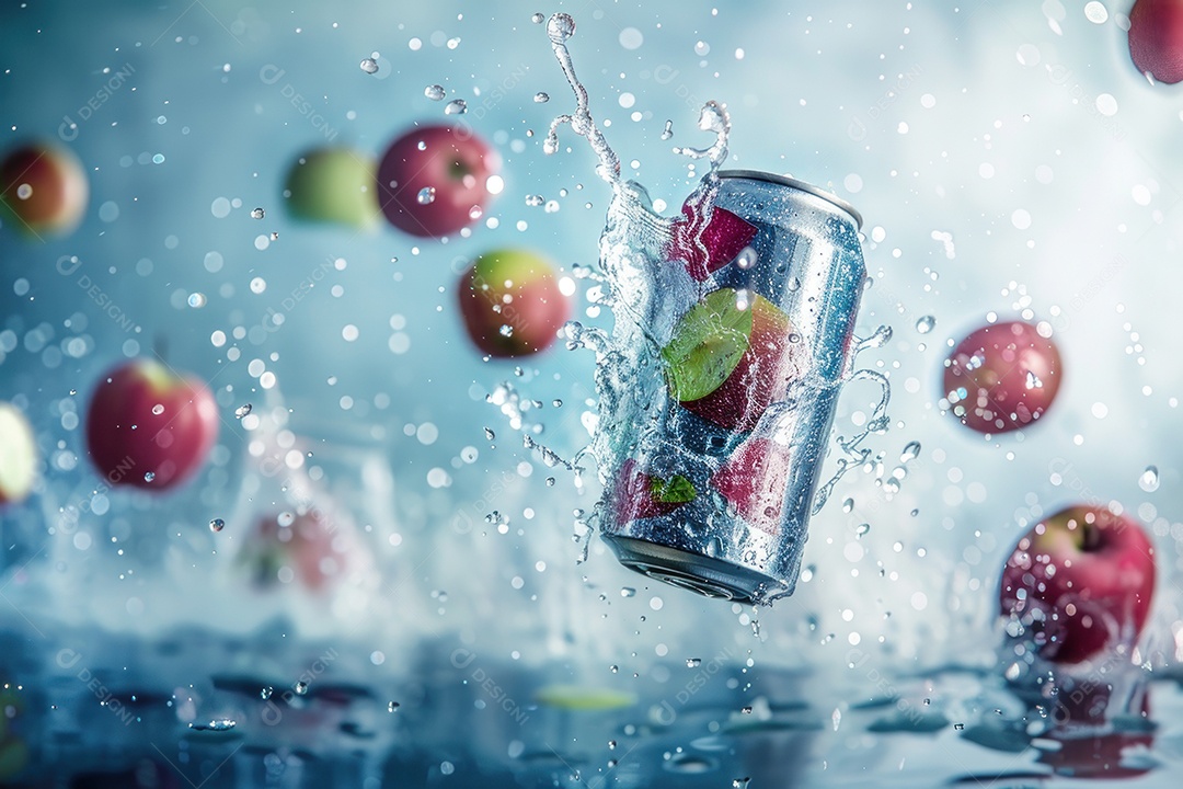 Lata de bebida com uma explosão de frutas e água ao fundo