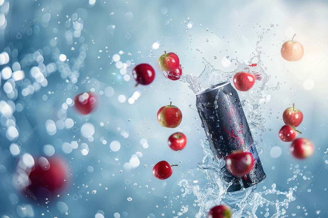 Lata de bebida com uma explosão de frutas e água ao fundo