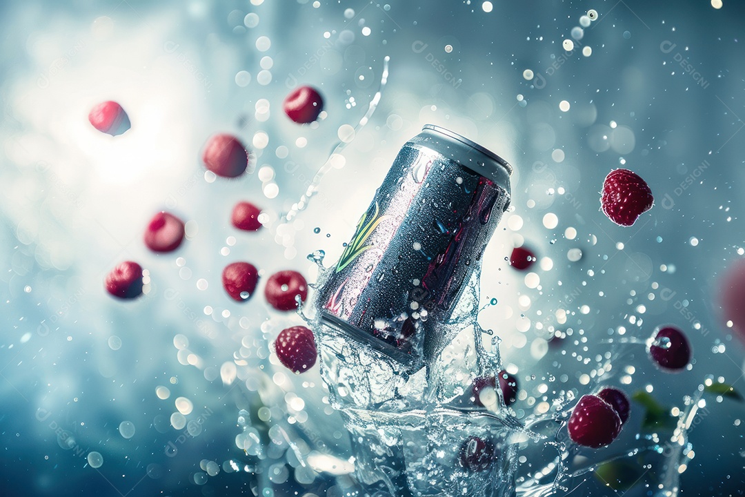 Lata de bebida com uma explosão de frutas e água ao fundo