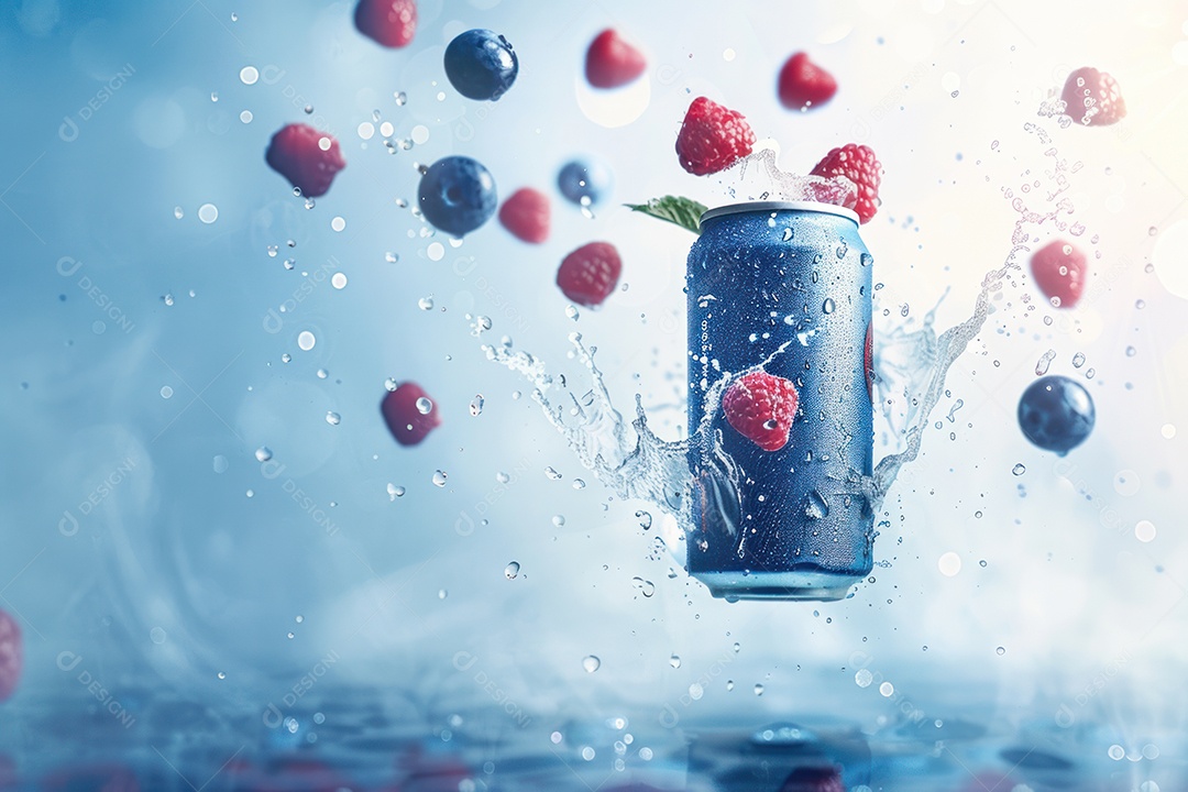 Lata de bebida com uma explosão de frutas e água ao fundo