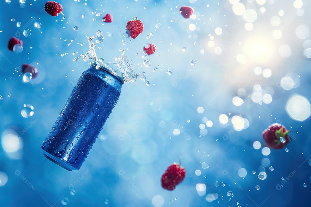 Lata de bebida com uma explosão de frutas e água ao fundo
