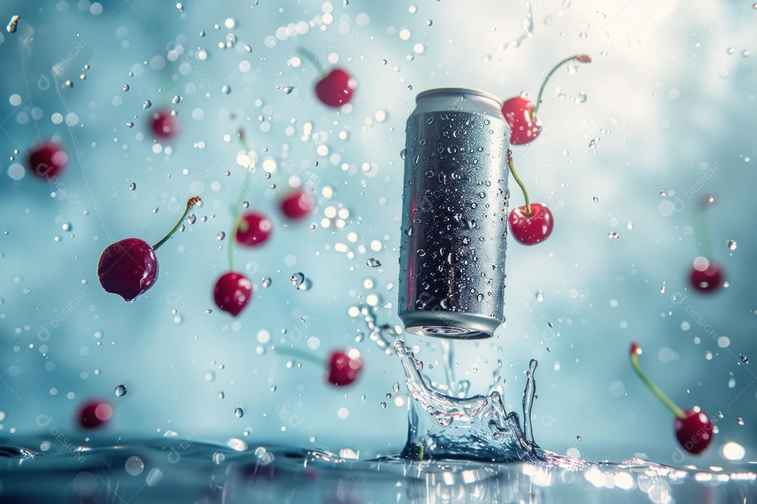 Lata de bebida com uma explosão de frutas e água ao fundo