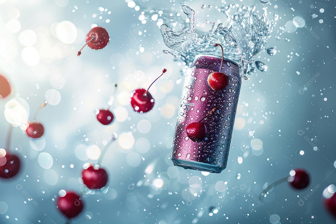 Lata de bebida com uma explosão de frutas e água ao fundo