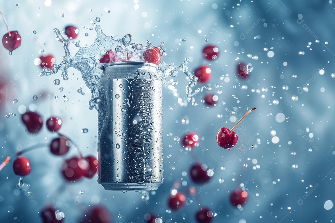 Lata de bebida com uma explosão de frutas e água ao fundo