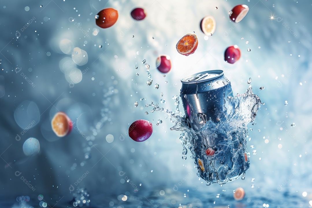 Lata de bebida com uma explosão de frutas e água ao fundo