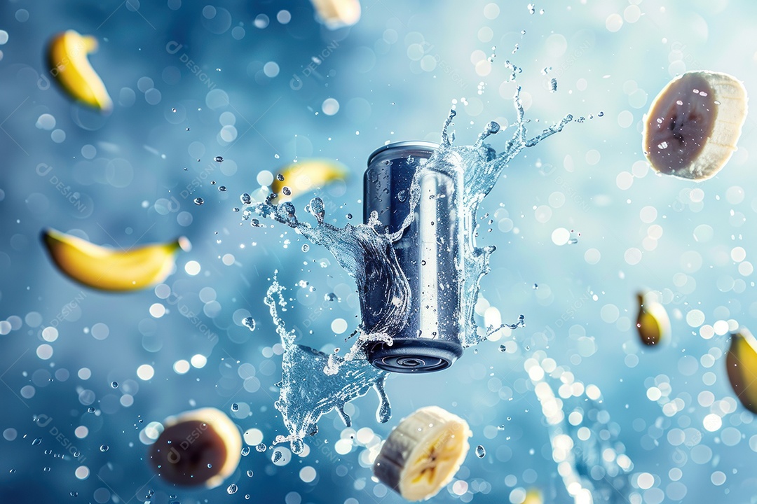 Lata de bebida com uma explosão de frutas e água ao fundo