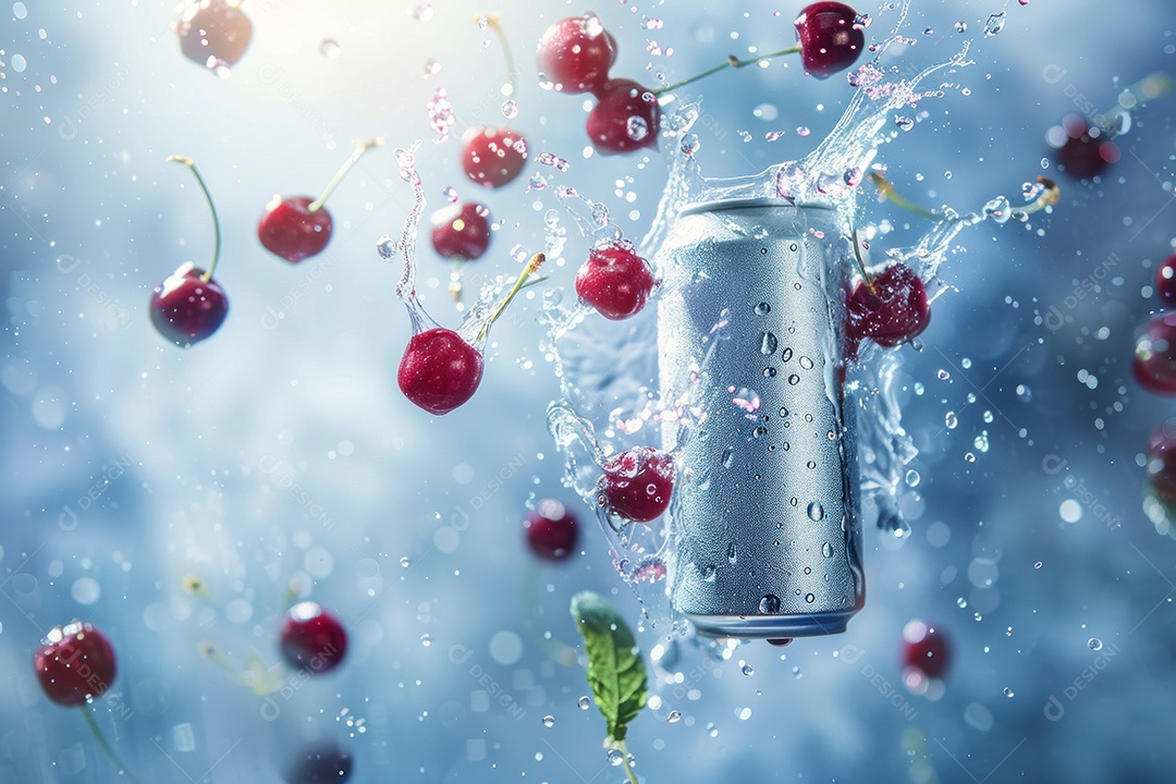 Lata de bebida com uma explosão de frutas e água ao fundo