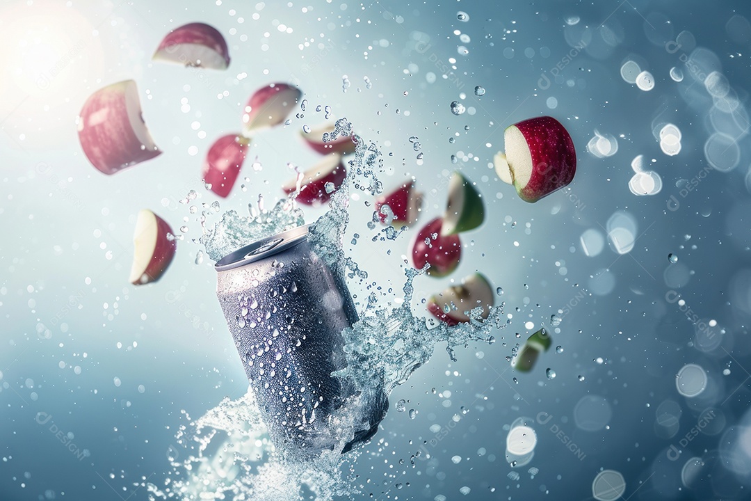 Lata de bebida com uma explosão de frutas e água ao fundo