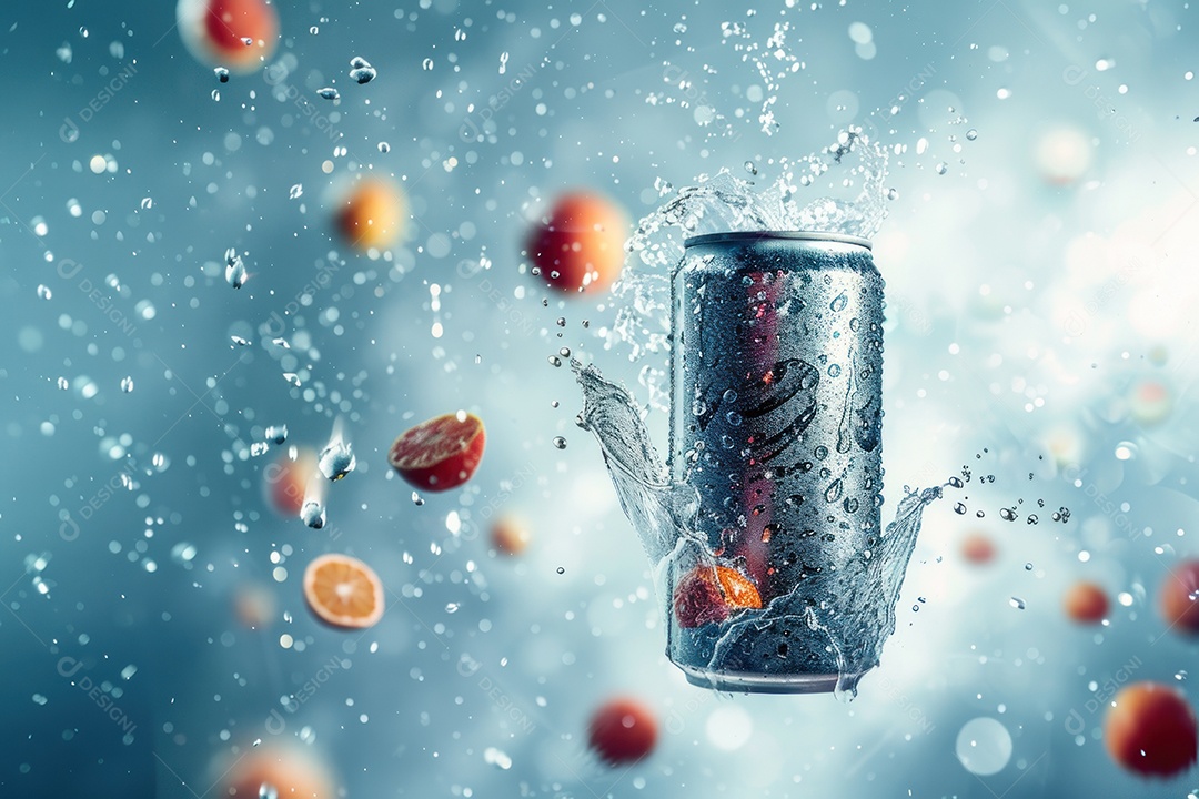 Lata de bebida com uma explosão de frutas e água ao fundo