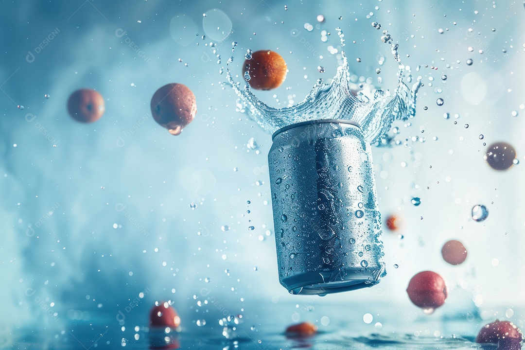 Lata de bebida com uma explosão de frutas e água ao fundo