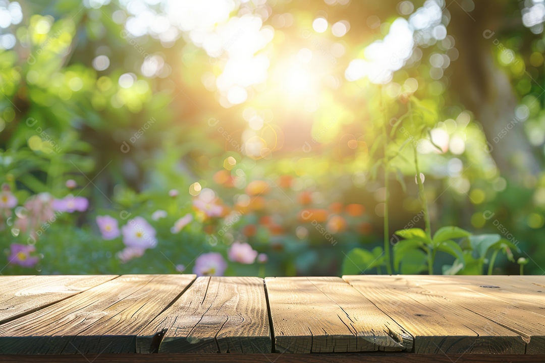 Mesa de madeira vazia com parque e jardim desfocados ao fundo