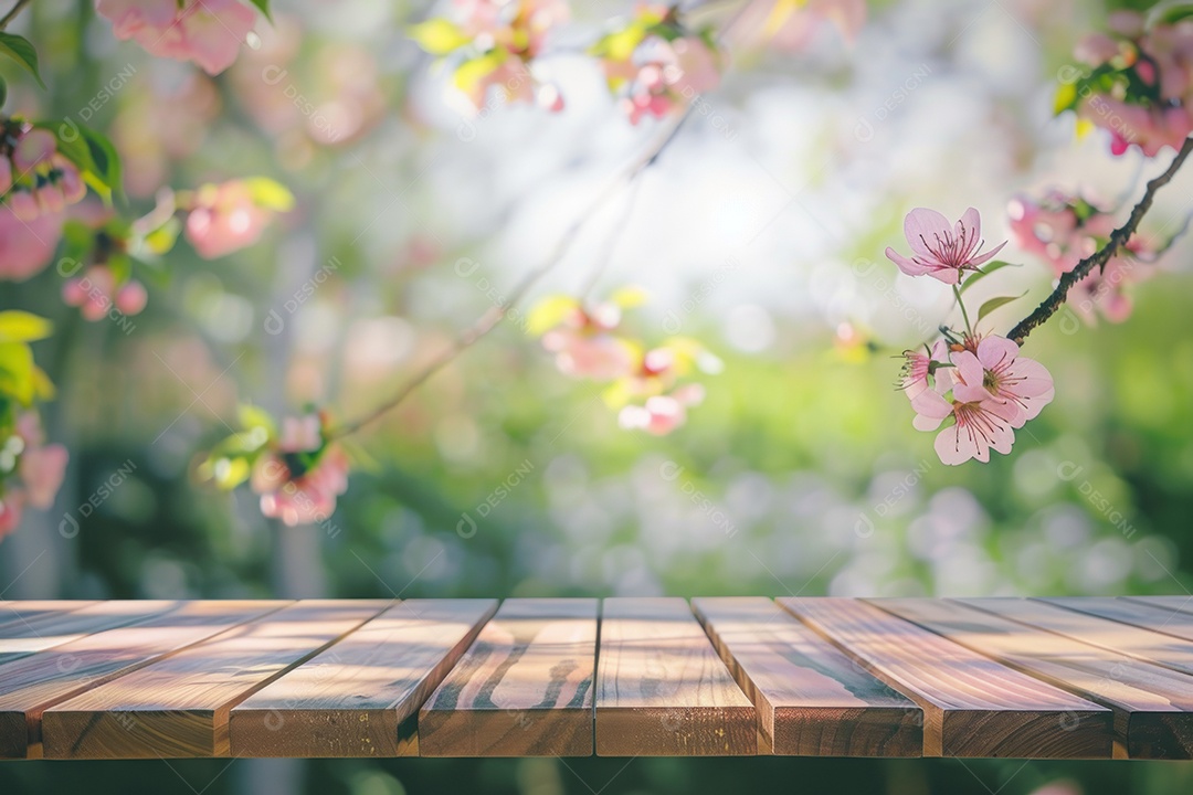 Mesa de madeira vazia com parque e jardim desfocados ao fundo