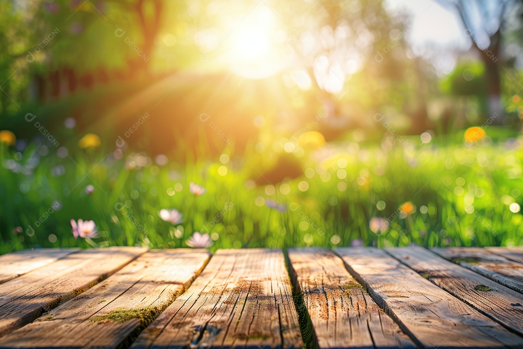 Mesa de madeira vazia com parque e jardim desfocados ao fundo