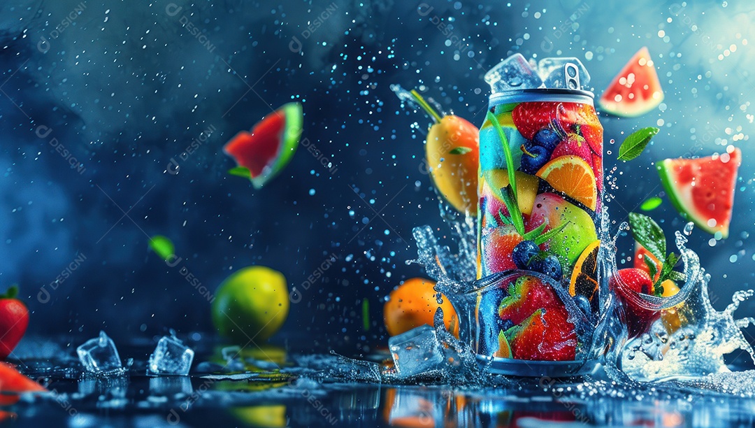 Lata de bebida com uma explosão de frutas e água ao fundo