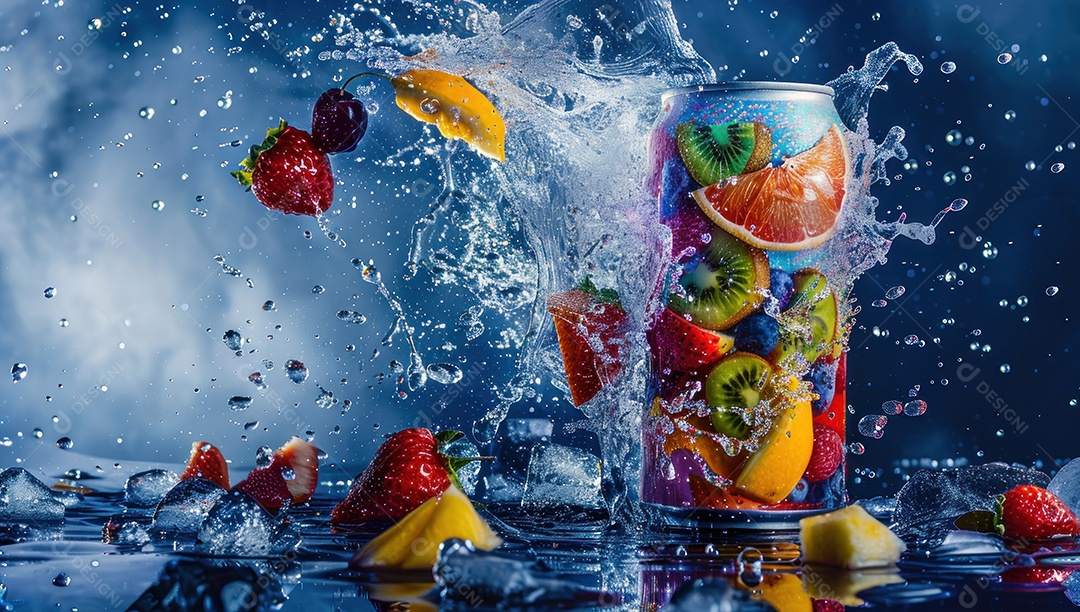 Lata de bebida com uma explosão de frutas e água ao fundo