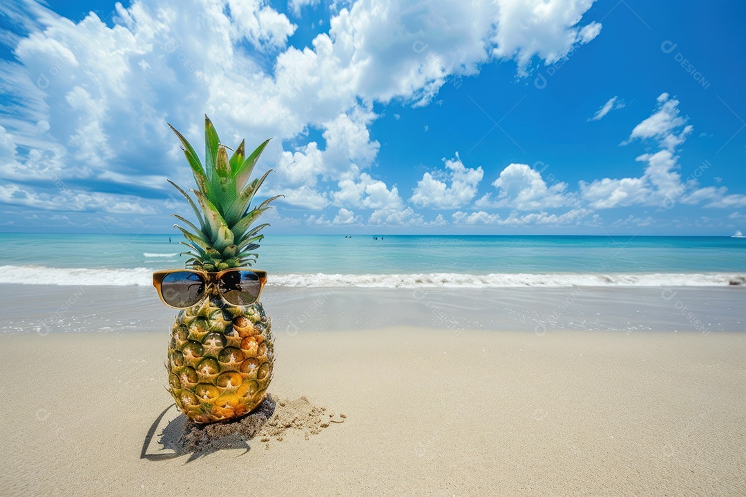 Um abacaxi usando óculos de sol na praia de um mar ou oceano tropical,com um fundo de água e céu azuis