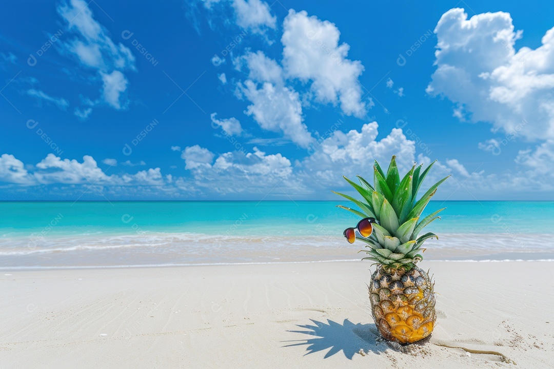 Um abacaxi usando óculos de sol na praia de um mar ou oceano tropical,com um fundo de água e céu azuis