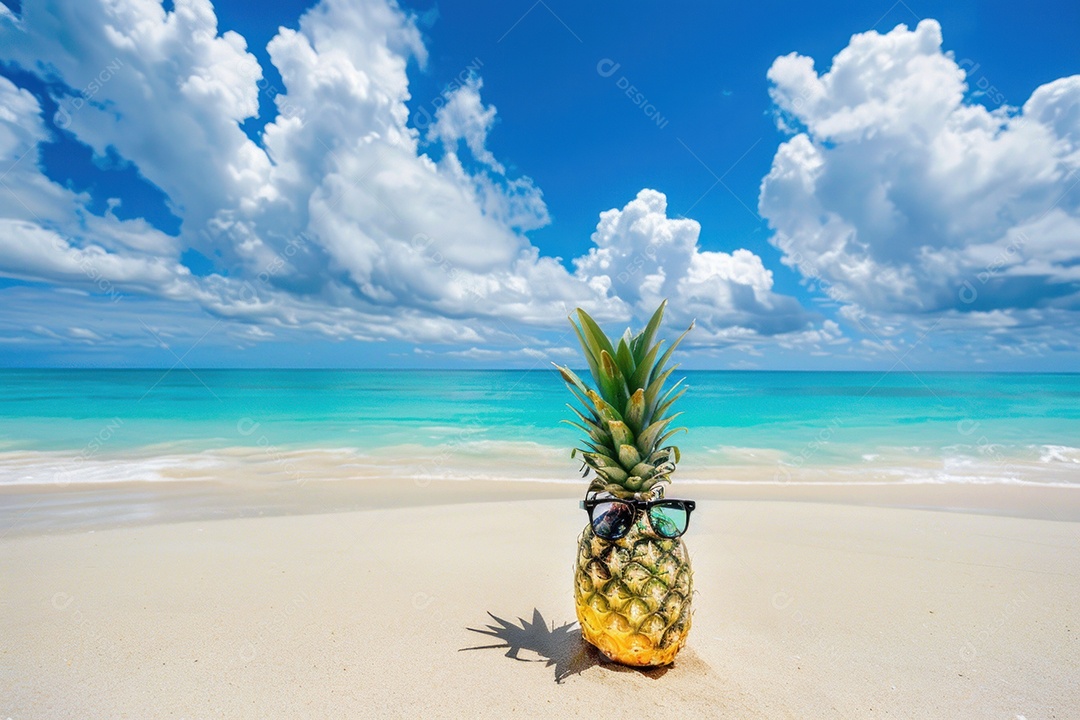Um abacaxi usando óculos de sol na praia de um mar ou oceano tropical,com um fundo de água e céu azuis