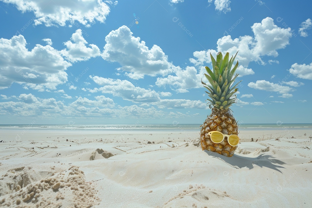 Um abacaxi usando óculos de sol na praia de um mar ou oceano tropical,com um fundo de água e céu azuis