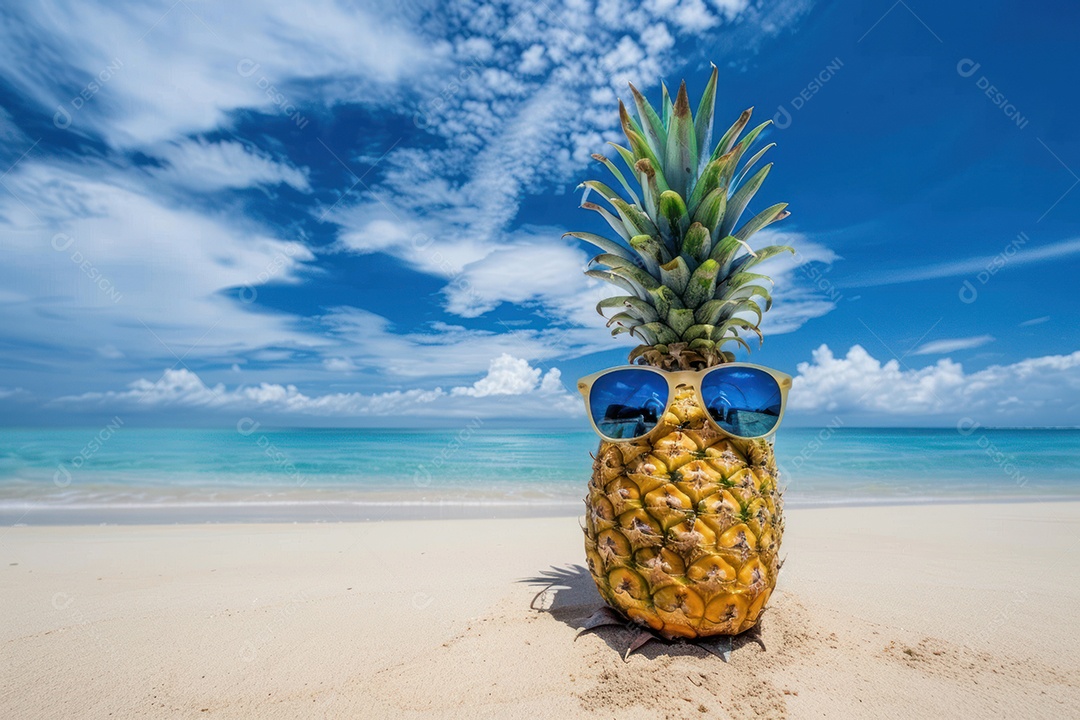 Um abacaxi usando óculos de sol na praia de um mar ou oceano tropical,com um fundo de água e céu azuis
