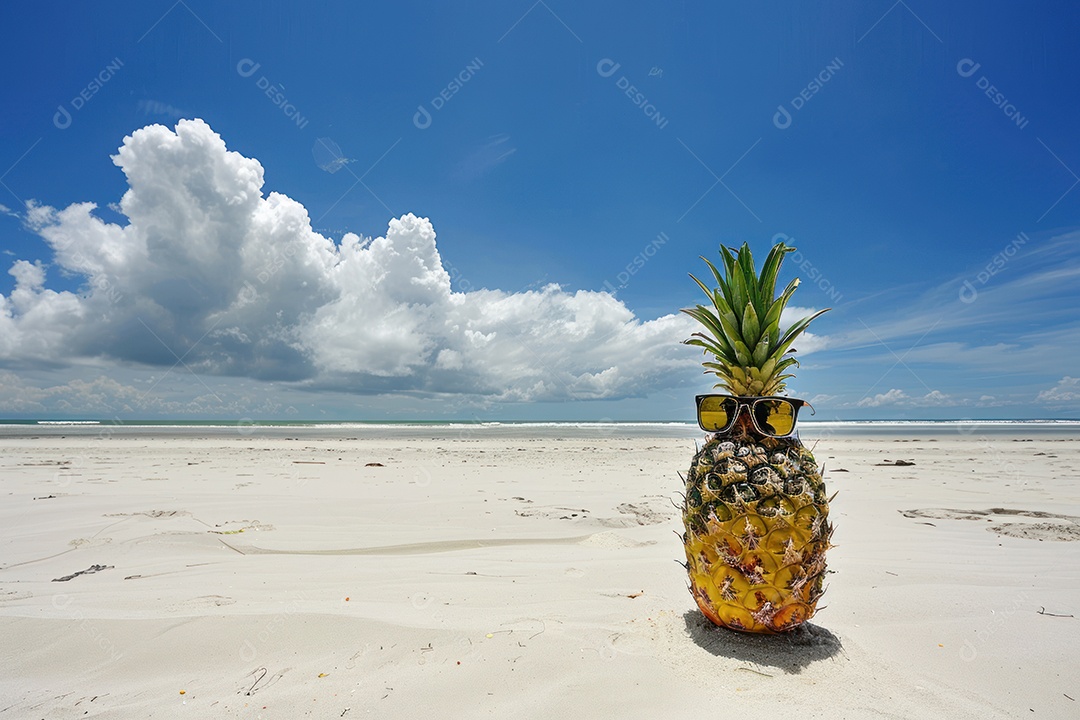 Um abacaxi usando óculos de sol na praia de um mar ou oceano tropical com um fundo de água e céu azuis