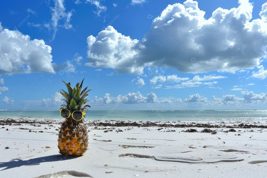 Um abacaxi usando óculos de sol na praia de um mar ou oceano tropical com um fundo de água e céu azuis