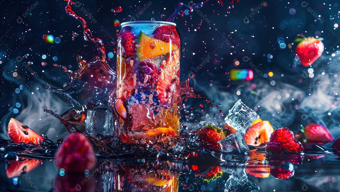 Lata de bebida com uma explosão de frutas e água ao fundo