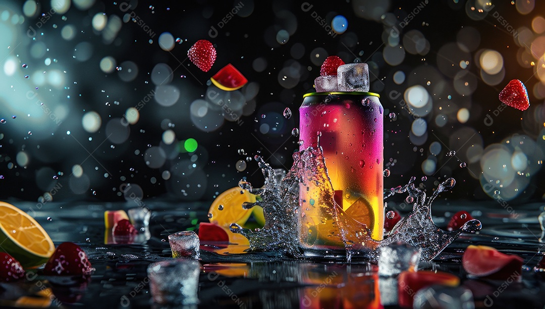 Lata de bebida com uma explosão de frutas e água ao fundo