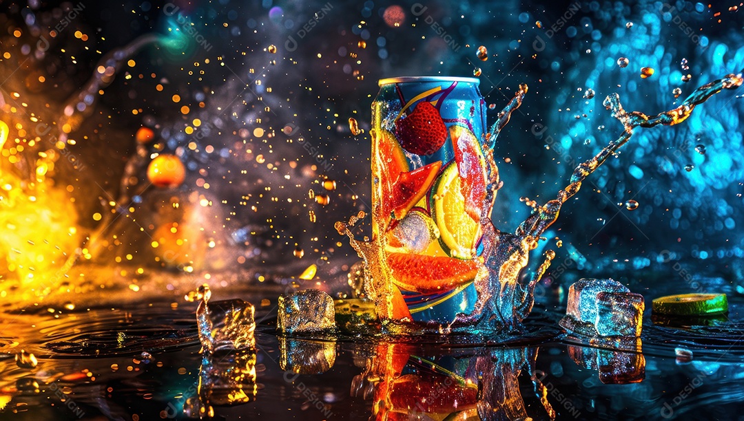 Lata de bebida com uma explosão de frutas e água ao fundo