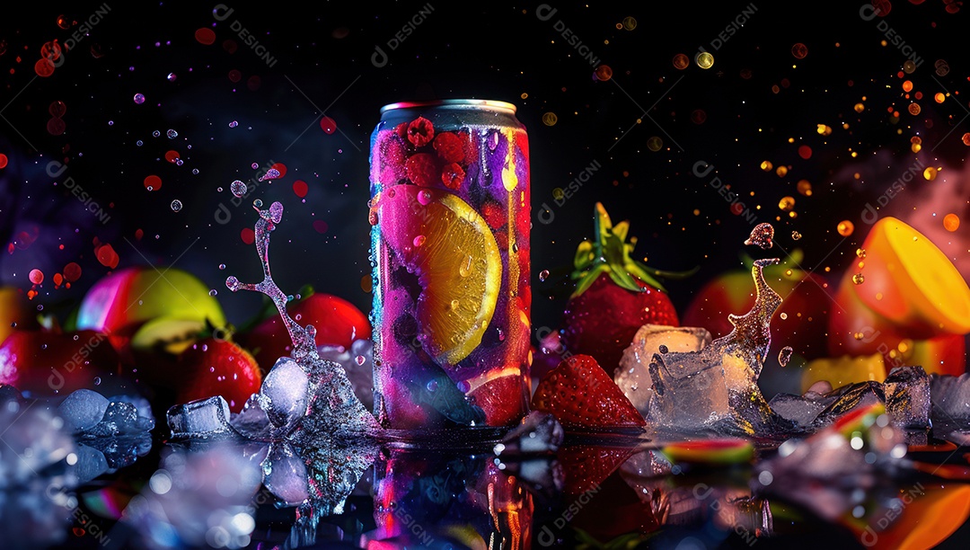 Lata de bebida com uma explosão de frutas e água ao fundo