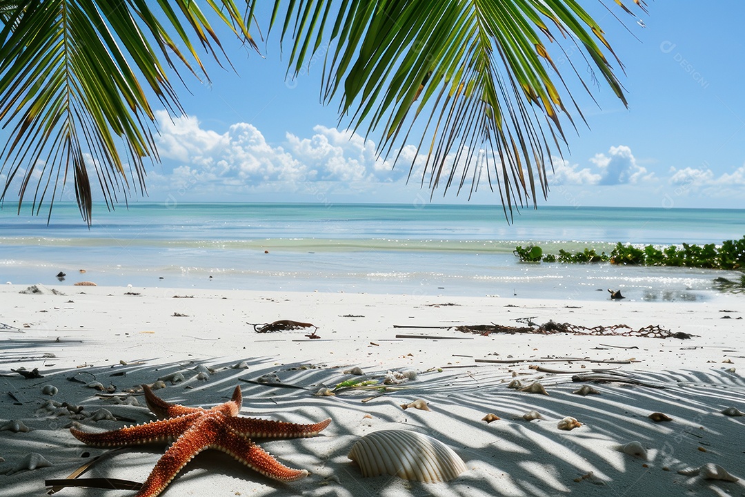 Paisagem tropical exuberante areia branca com palmeiras e mar azul-turquesa