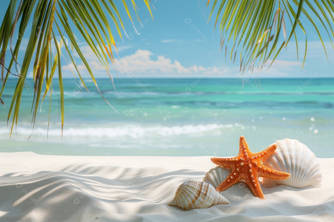 Paisagem tropical exuberante areia branca com palmeiras e mar azul-turquesa