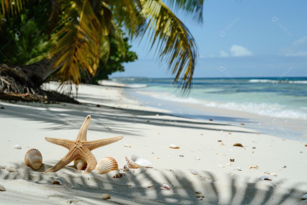 Paisagem tropical exuberante areia branca com palmeiras e mar azul-turquesa