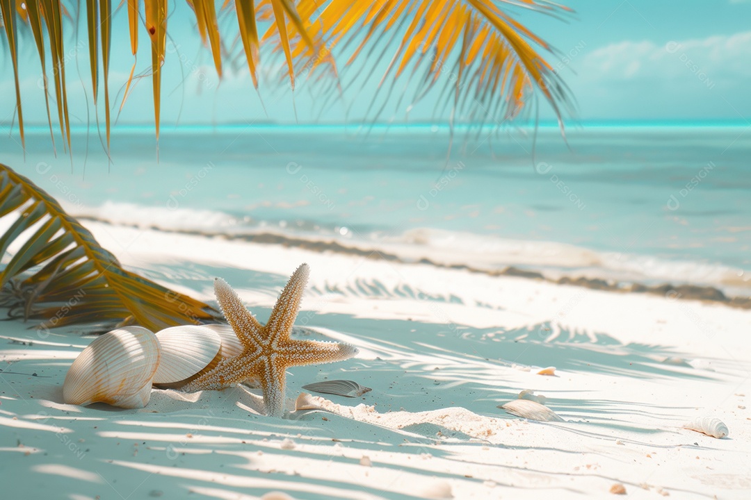 Paisagem tropical exuberante areia branca com palmeiras e mar azul-turquesa