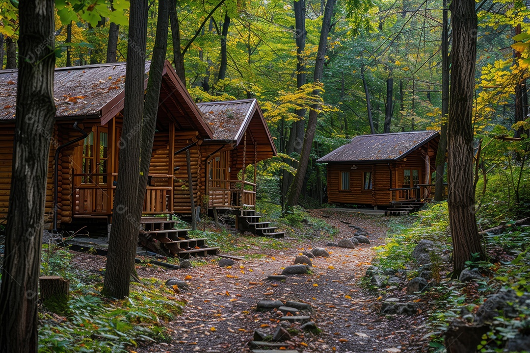 Caminho no parque em vila verde e tranquila árvores