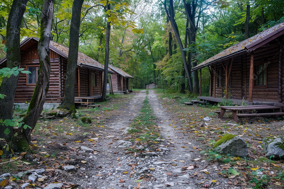 Caminho no parque em vila verde e tranquila árvores