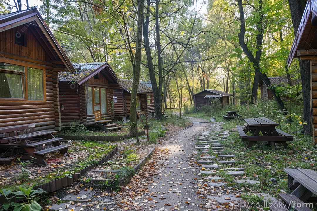 Caminho no parque em vila verde e tranquila árvores